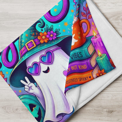 Too Ghoul for Negativity Velveteen Blanket - Ghost with Peace Sign and Good Vibes Spooky But Kind Books