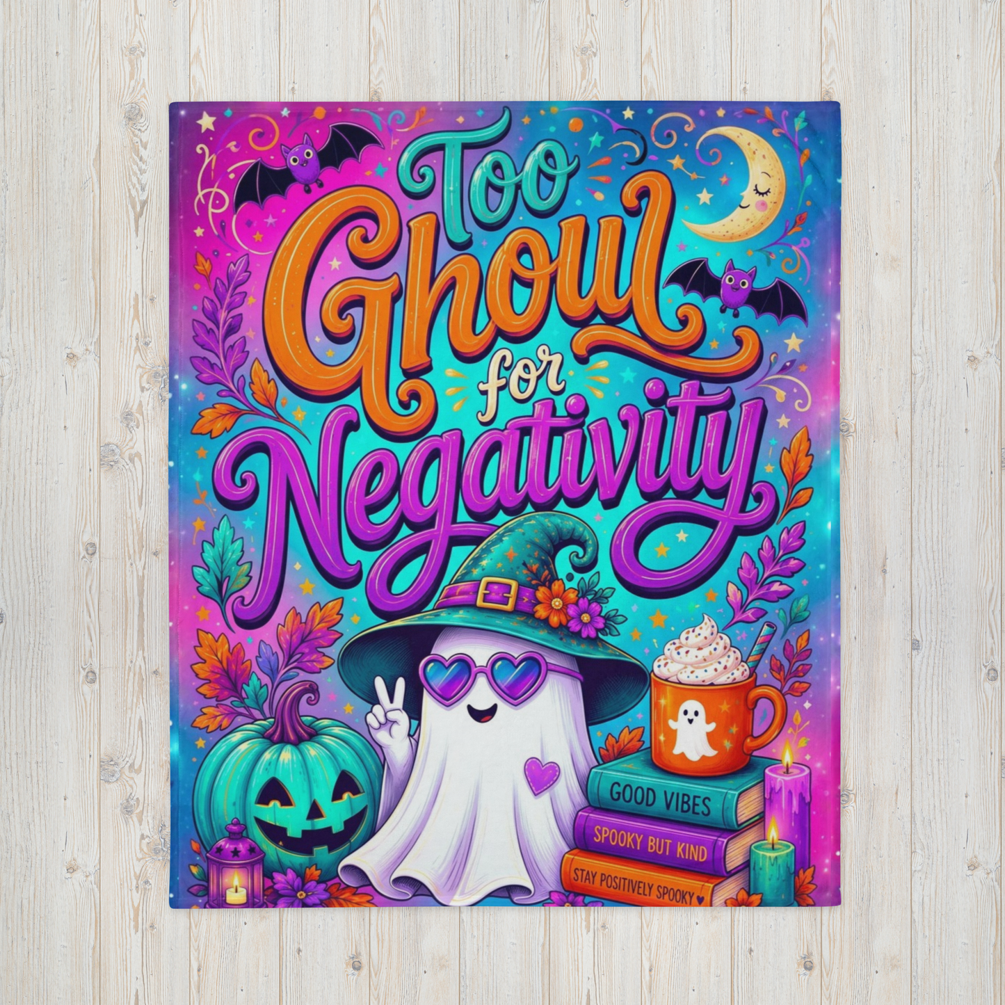 Too Ghoul for Negativity Velveteen Blanket - Ghost with Peace Sign and Good Vibes Spooky But Kind Books
