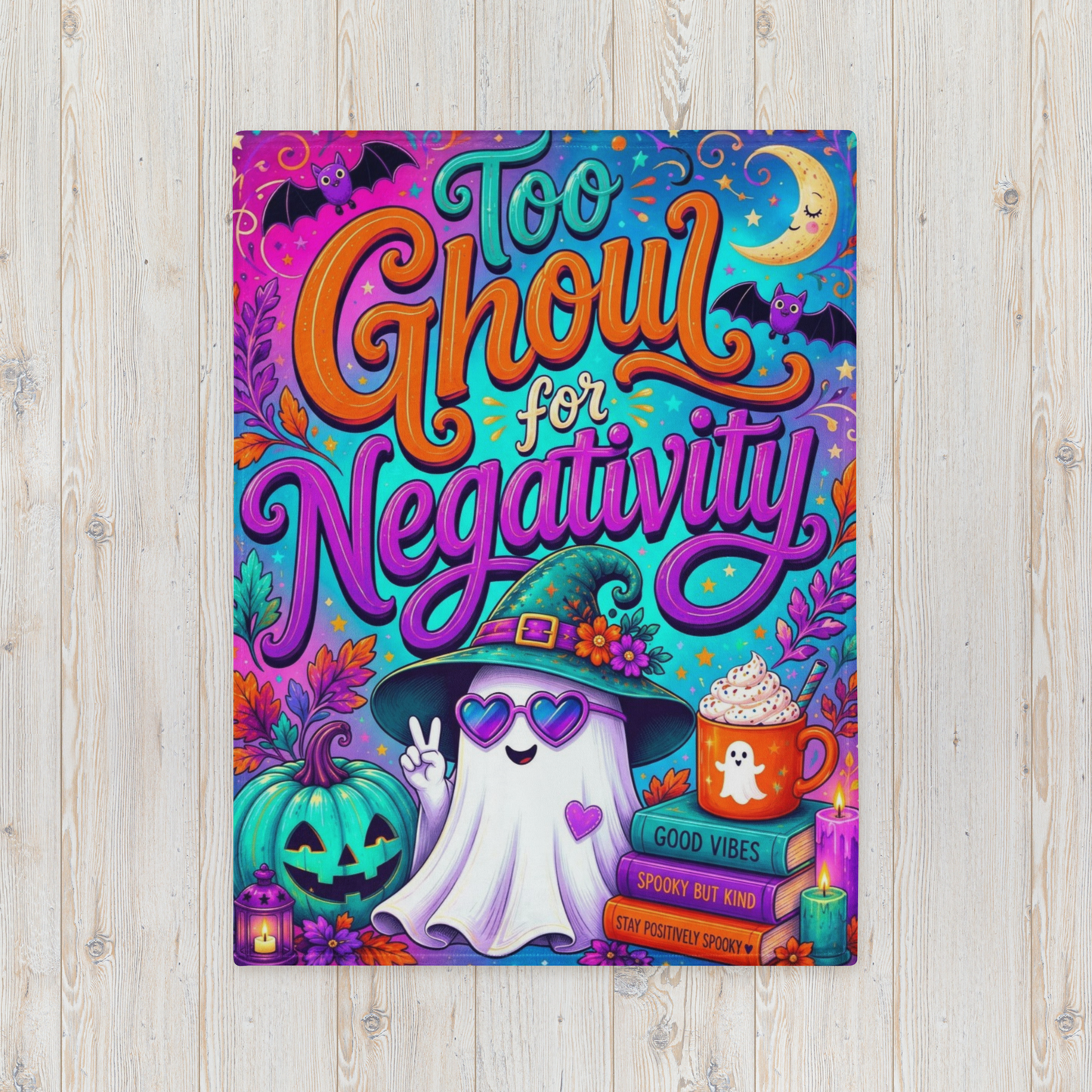 Too Ghoul for Negativity Velveteen Blanket - Ghost with Peace Sign and Good Vibes Spooky But Kind Books