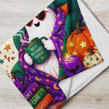 Boo to Burnout Velveteen Blanket - Ghost with Rest Recharge Repeat Mug and Self Care Boundaries Books