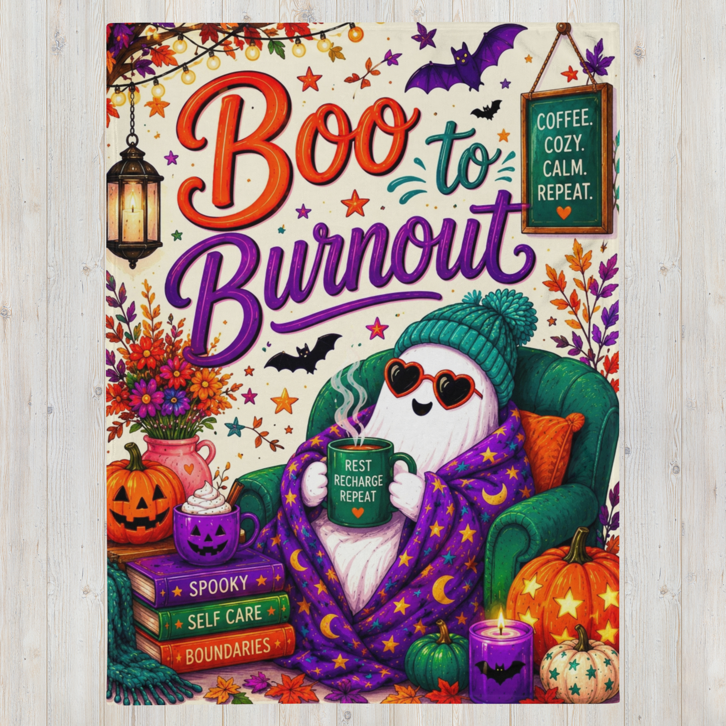 A Halloween-themed decorative blanket with the phrase “Boo to Burnout” in large orange and purple lettering. The design shows a ghost in a green beanie and blanket, sitting in a green armchair and holding a mug that reads “REST RECHARGE REPEAT.