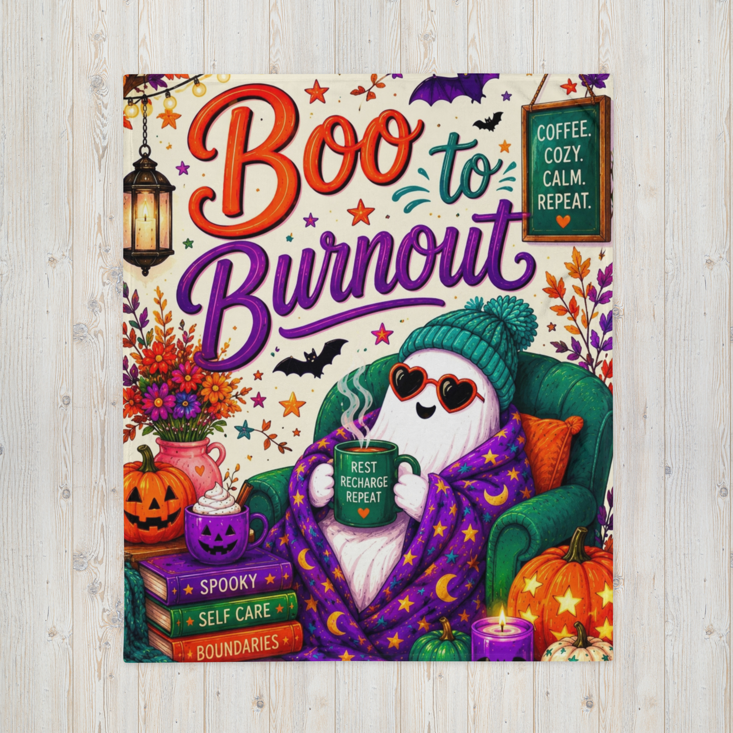 Boo to Burnout Velveteen Blanket - Ghost with Rest Recharge Repeat Mug and Self Care Boundaries Books
