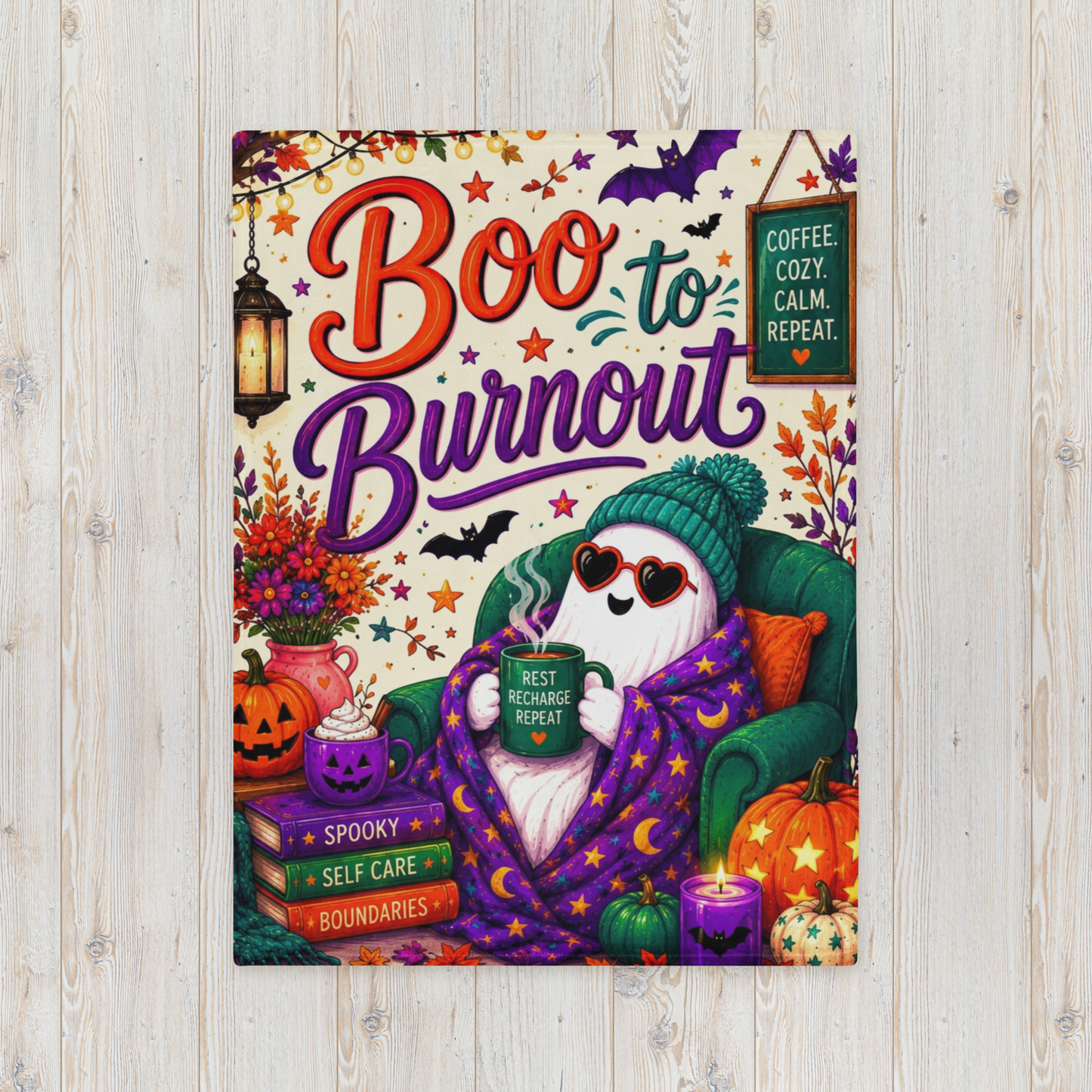 Boo to Burnout Velveteen Blanket - Ghost with Rest Recharge Repeat Mug and Self Care Boundaries Books