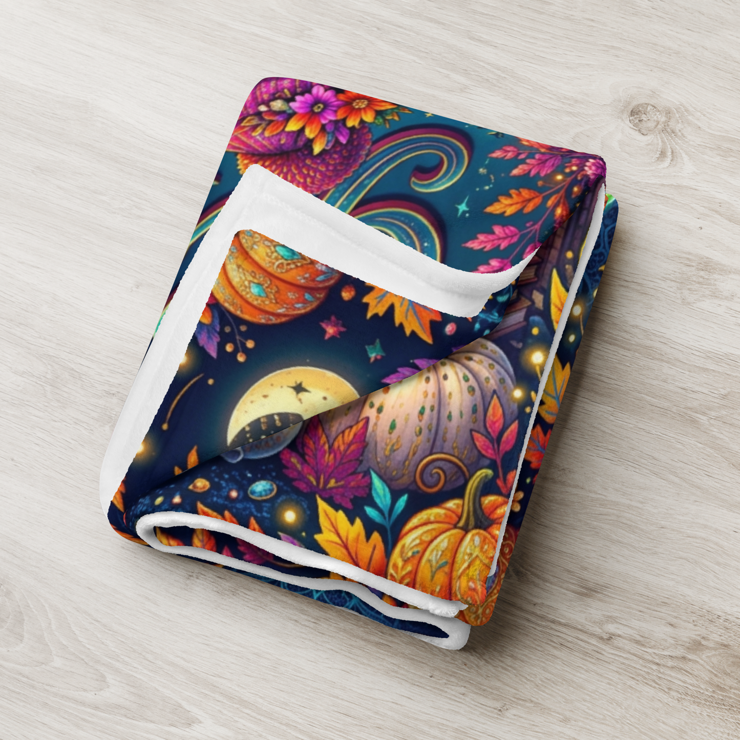 Glow Through the Gloom Velveteen Blanket - Ghost with Heart Lantern Jeweled Pumpkins and Cozy Cottage
