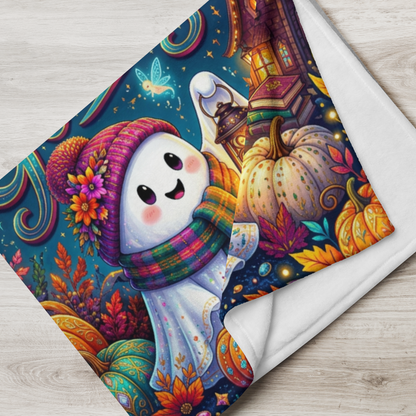 Glow Through the Gloom Velveteen Blanket - Ghost with Heart Lantern Jeweled Pumpkins and Cozy Cottage