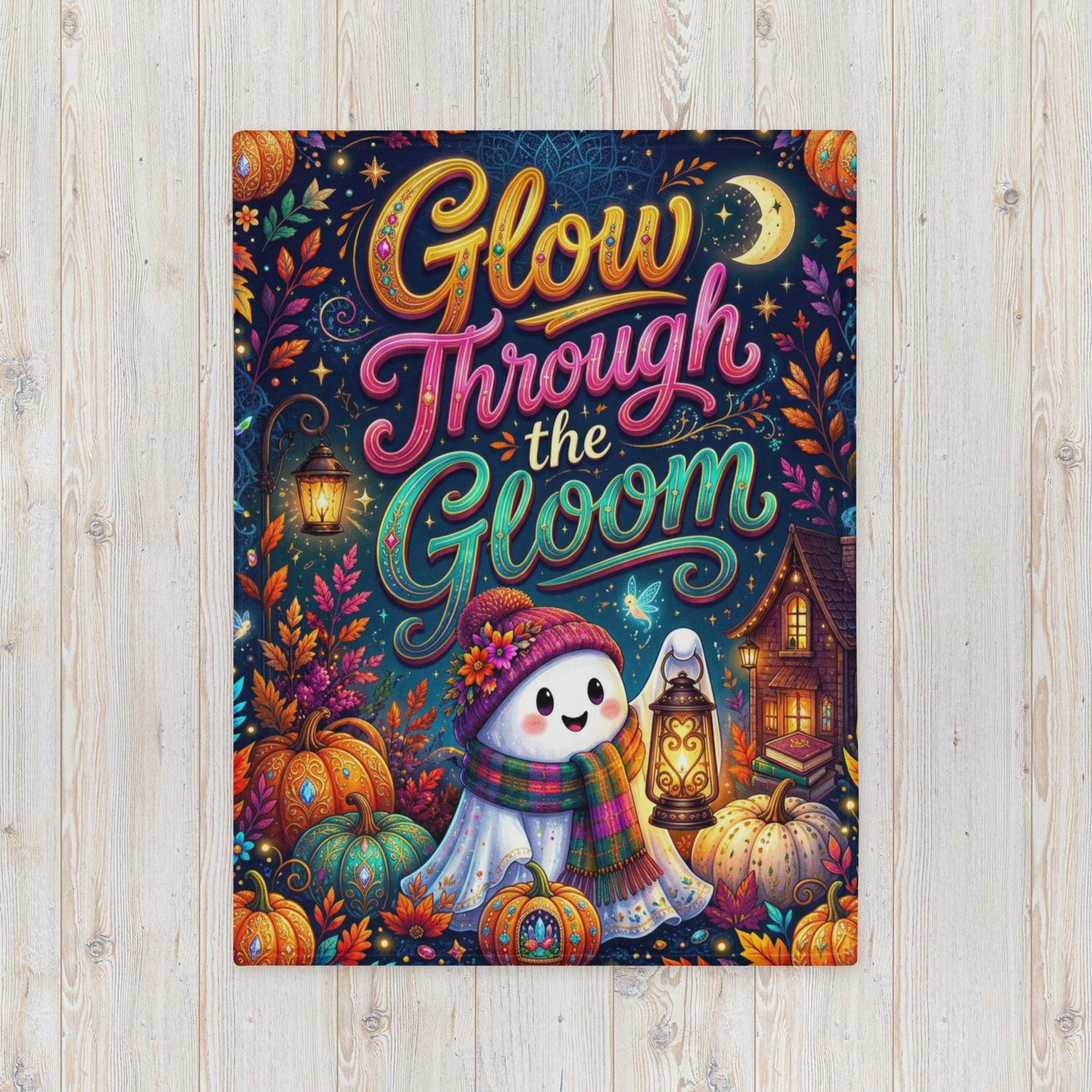 Glow Through the Gloom Velveteen Blanket - Ghost with Heart Lantern Jeweled Pumpkins and Cozy Cottage