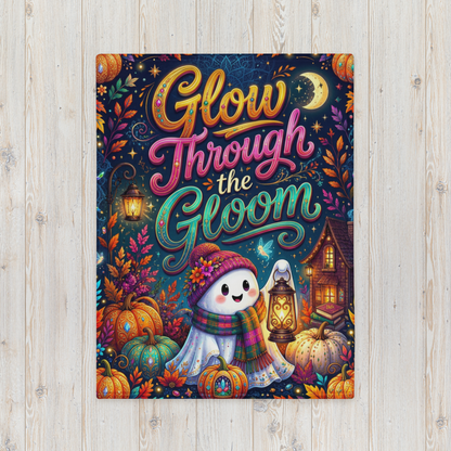 Glow Through the Gloom Velveteen Blanket - Ghost with Heart Lantern Jeweled Pumpkins and Cozy Cottage