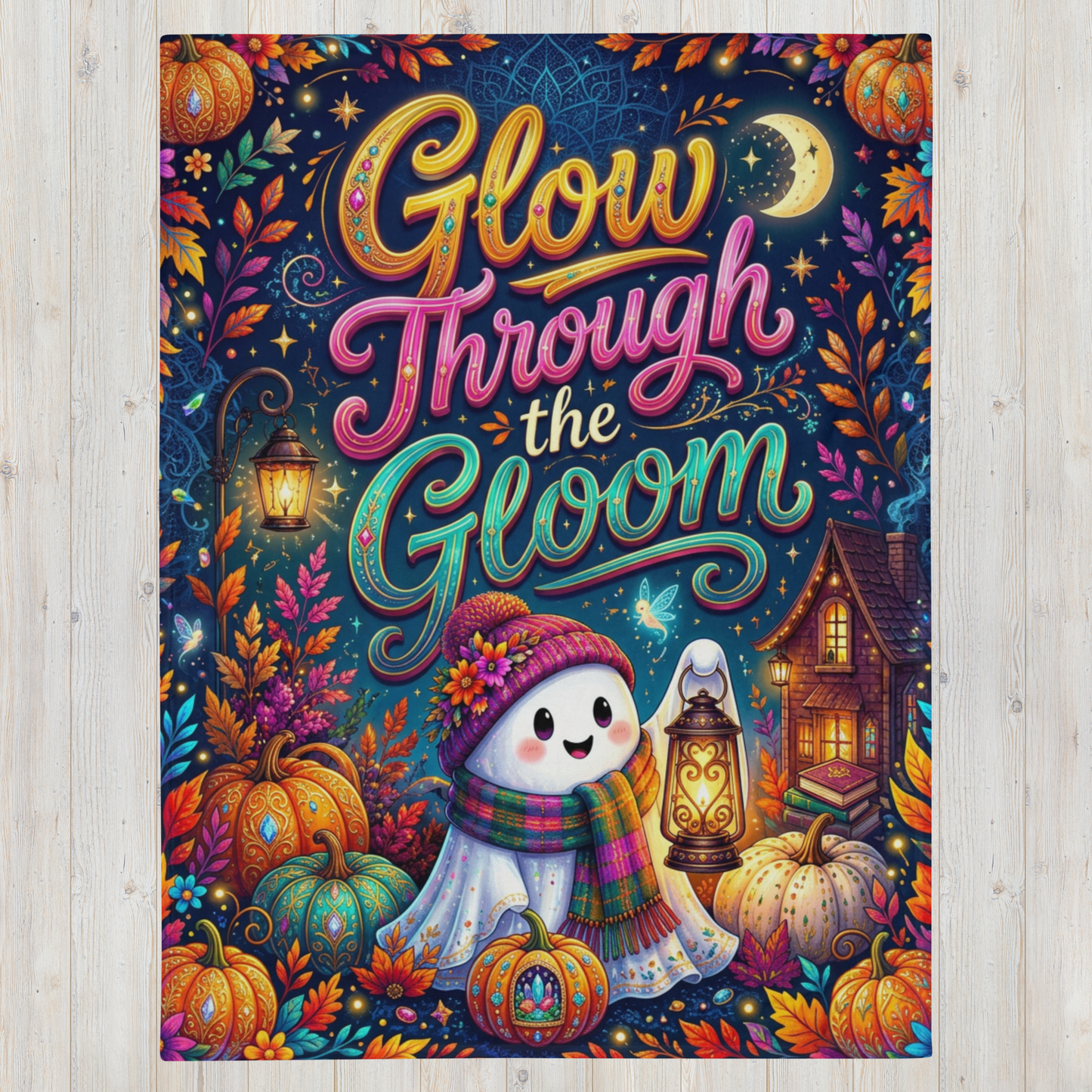A colorful Halloween-themed blanket with the phrase 'Glow Through the Gloom' in large decorative lettering, surrounded by pumpkins, leaves, a moon, and a smiling ghost character, shown against a light wood plank background.