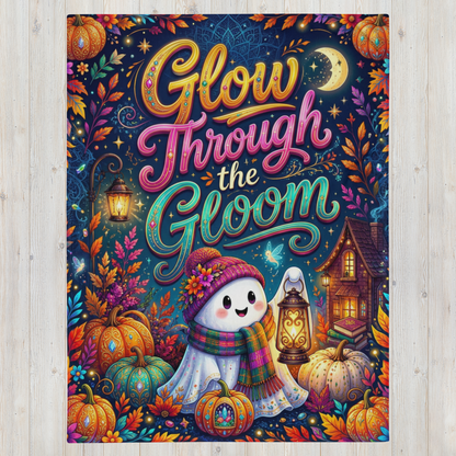 A colorful Halloween-themed blanket with the phrase 'Glow Through the Gloom' in large decorative lettering, surrounded by pumpkins, leaves, a moon, and a smiling ghost character, shown against a light wood plank background.