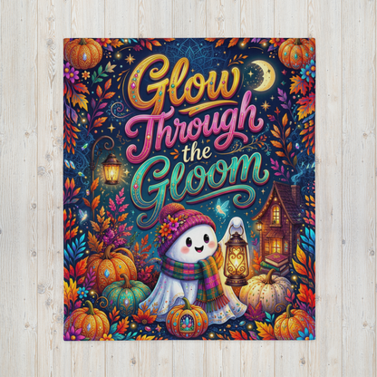 Glow Through the Gloom Velveteen Blanket - Ghost with Heart Lantern Jeweled Pumpkins and Cozy Cottage