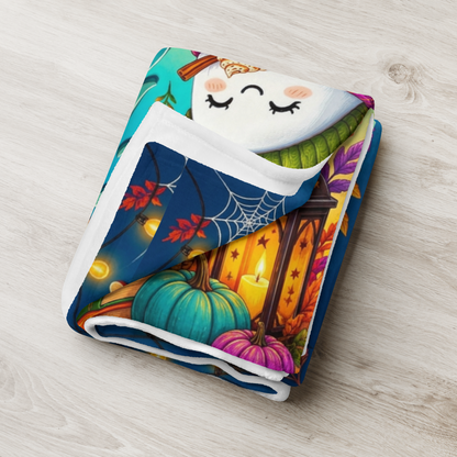 Pumpkin Spice & Peace of Mind Velveteen Blanket - Ghost with Pumpkin Latte and Cozy Spells Candle