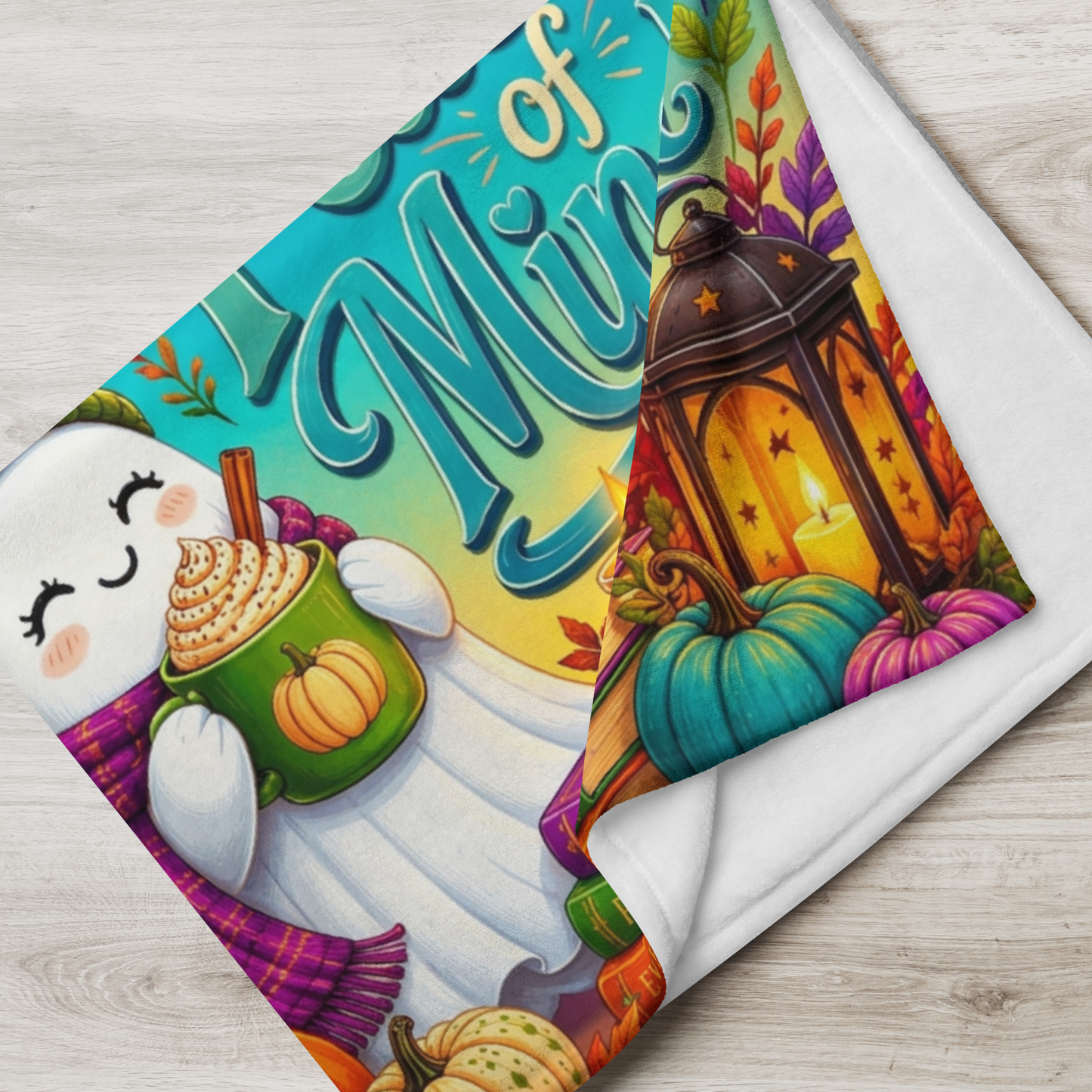 Pumpkin Spice & Peace of Mind Velveteen Blanket - Ghost with Pumpkin Latte and Cozy Spells Candle