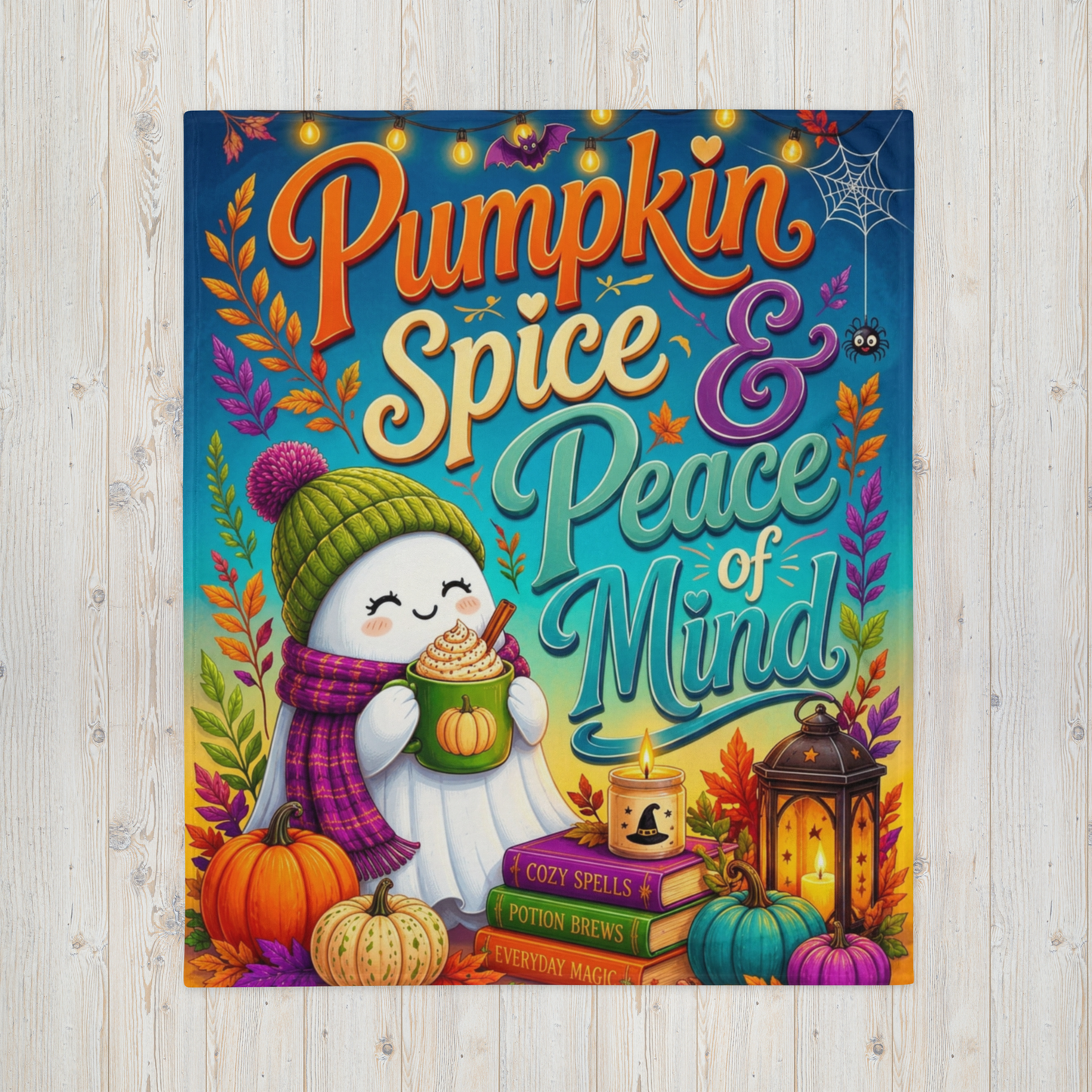 Pumpkin Spice & Peace of Mind Velveteen Blanket - Ghost with Pumpkin Latte and Cozy Spells Candle