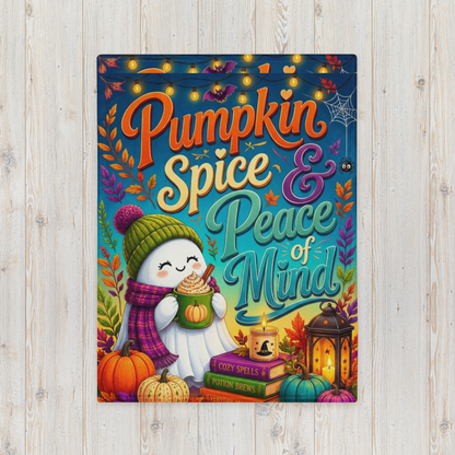 Pumpkin Spice & Peace of Mind Velveteen Blanket - Ghost with Pumpkin Latte and Cozy Spells Candle