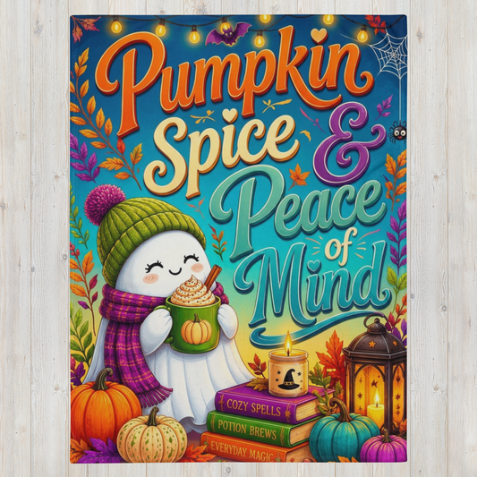 A colorful Halloween-themed blanket featuring the text 'Pumpkin Spice & Peace of Mind' in large decorative lettering. The illustration shows a ghost-like character in a green knit hat and purple scarf, holding a mug, surrounded by pumpkins, autumn leaves, books, a candle, and a lantern on a teal background.