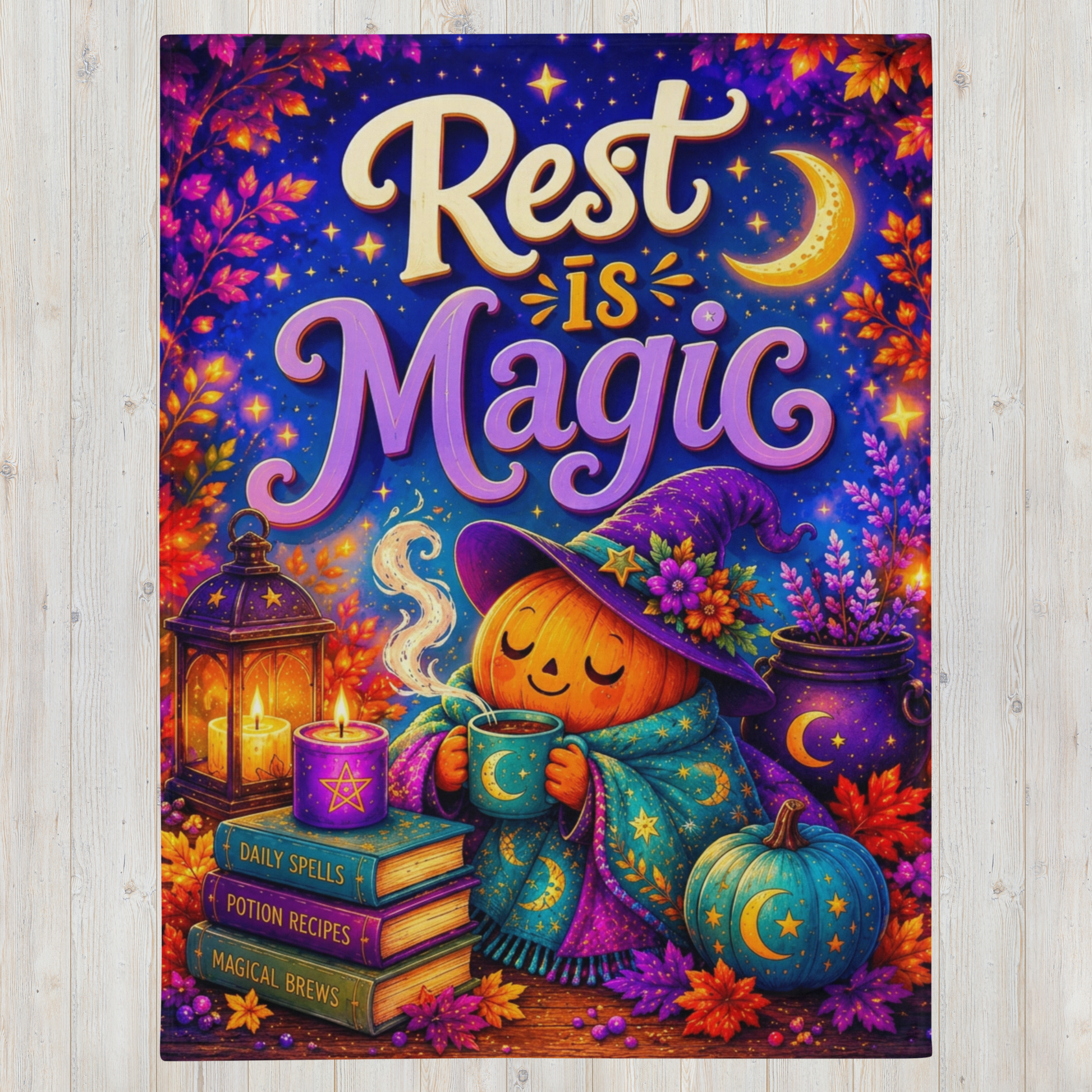 A rectangular decorativeHalloween blanket with the phrase “Rest Is Magic” in large stylized lettering, featuring a whimsical witch character in a purple hat and teal cloak, surrounded by autumn leaves, stars, a lantern, books, and pumpkins.