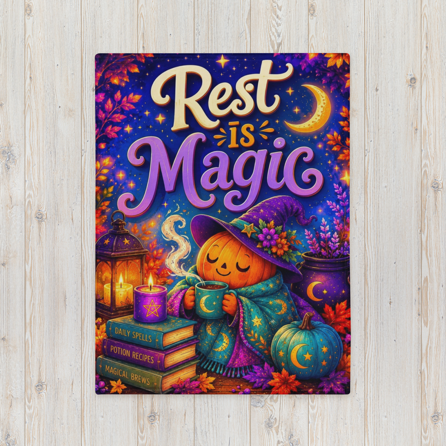 Rest Is Magic Velveteen Blanket - Sleepy Pumpkin Witch with Daily Spells Books and Moon Candle
