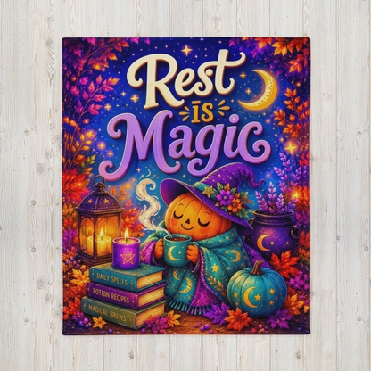 Rest Is Magic Velveteen Blanket - Sleepy Pumpkin Witch with Daily Spells Books and Moon Candle