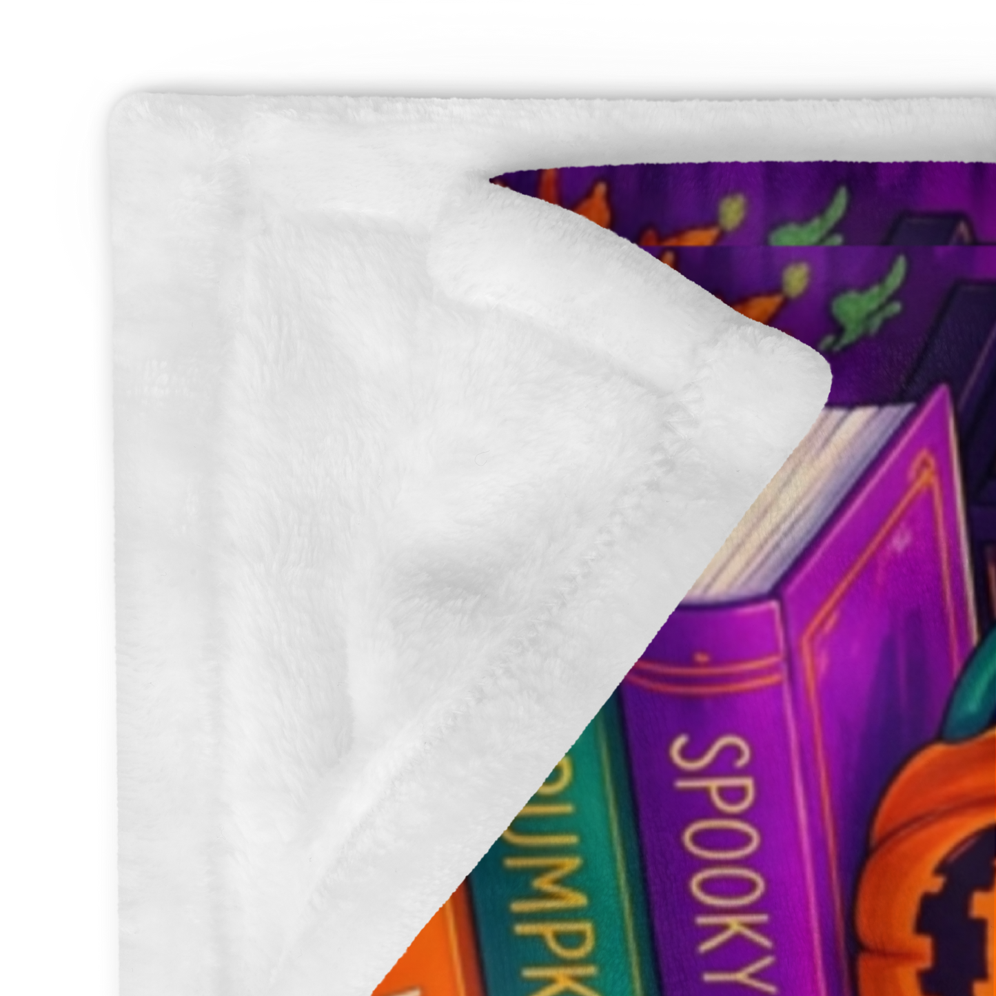 Creepin It Cozy Velveteen Blanket - Ghost Reading in Armchair with Pumpkin Spice and Stay Cozy Candle
