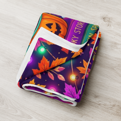 Creepin It Cozy Velveteen Blanket - Ghost Reading in Armchair with Pumpkin Spice and Stay Cozy Candle