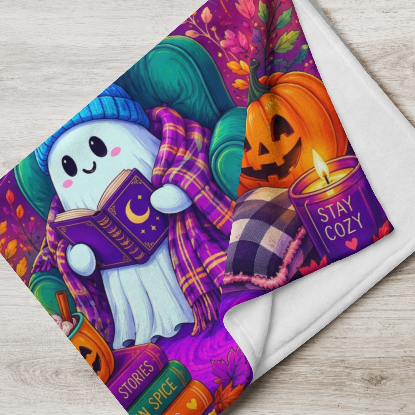 Creepin It Cozy Velveteen Blanket - Ghost Reading in Armchair with Pumpkin Spice and Stay Cozy Candle