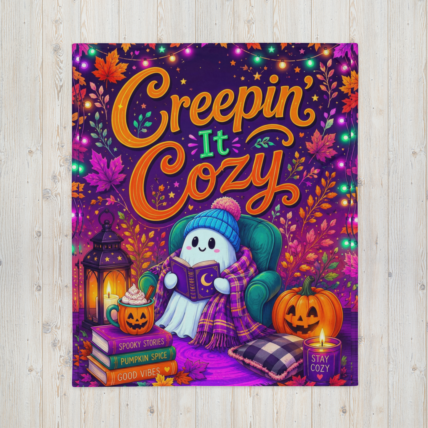 Creepin It Cozy Velveteen Blanket - Ghost Reading in Armchair with Pumpkin Spice and Stay Cozy Candle