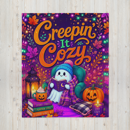 Creepin It Cozy Velveteen Blanket - Ghost Reading in Armchair with Pumpkin Spice and Stay Cozy Candle