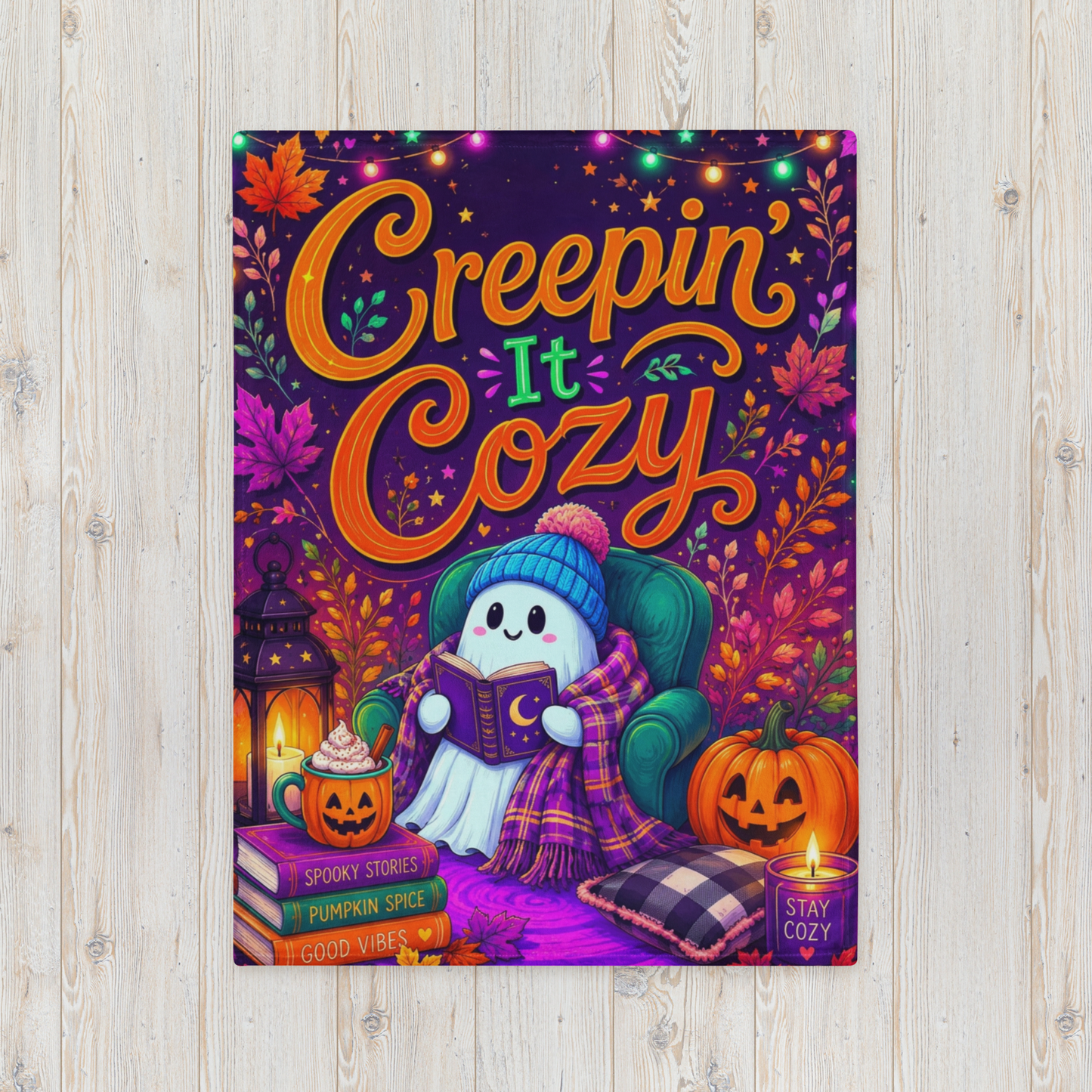 Creepin It Cozy Velveteen Blanket - Ghost Reading in Armchair with Pumpkin Spice and Stay Cozy Candle