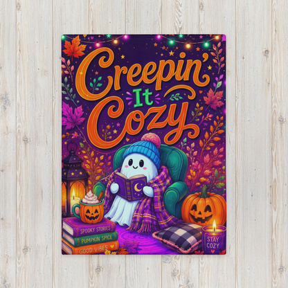 Creepin It Cozy Velveteen Blanket - Ghost Reading in Armchair with Pumpkin Spice and Stay Cozy Candle