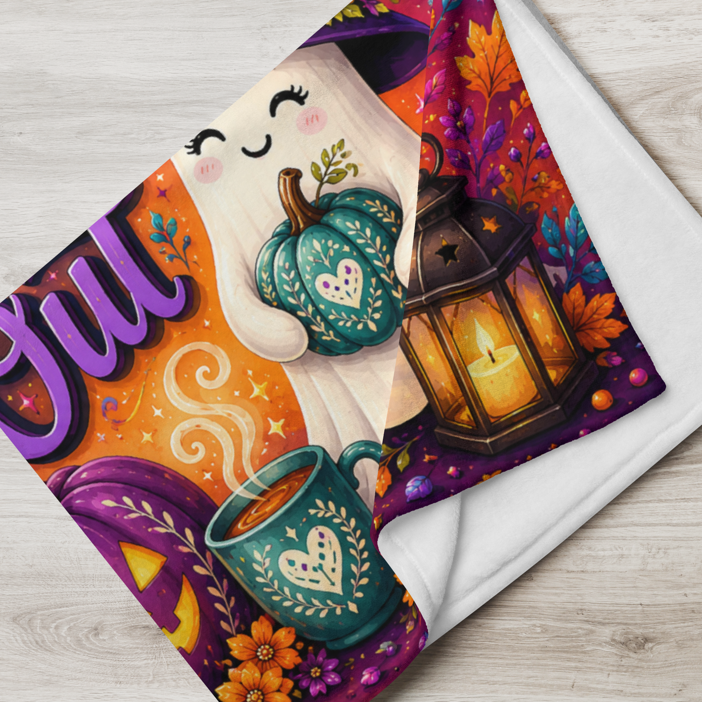 Boo-tiful Inside and Out Velveteen Blanket - Ghost with Floral Witch Hat and Heart Pumpkin