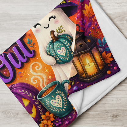 Boo-tiful Inside and Out Velveteen Blanket - Ghost with Floral Witch Hat and Heart Pumpkin