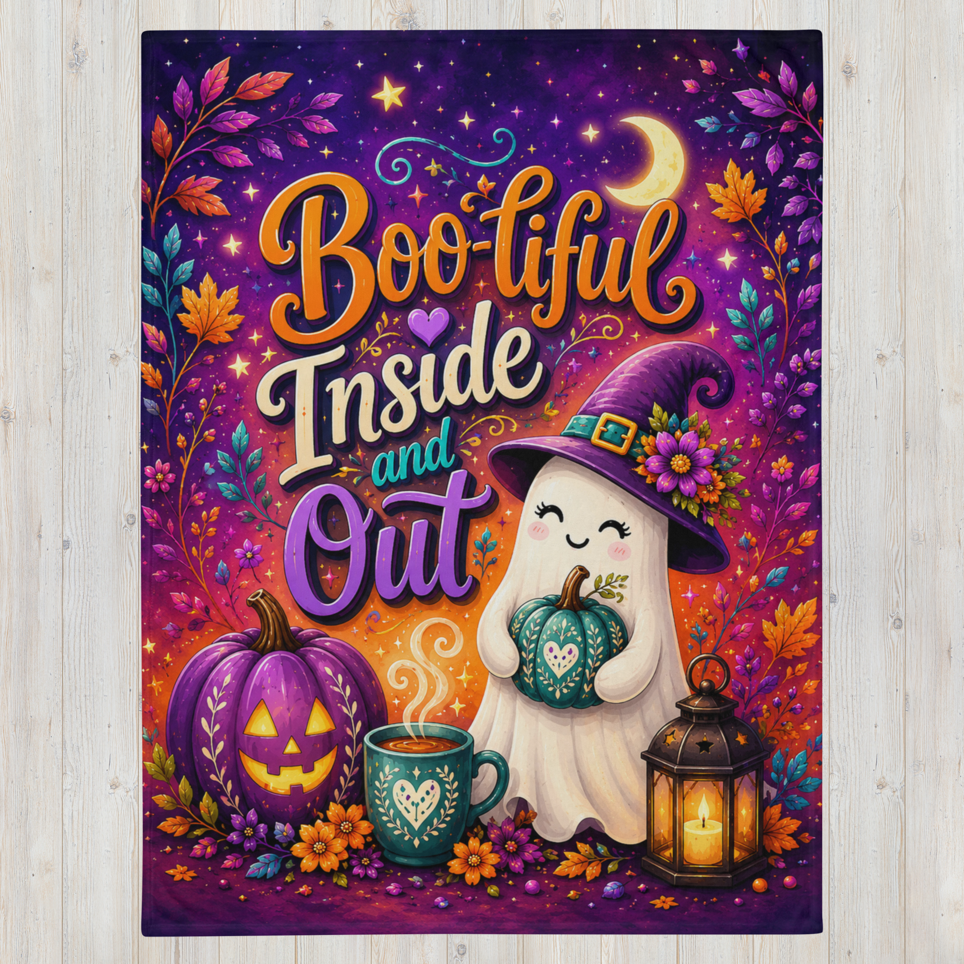 A colorful Halloween-themed blanket displayed against a light wood plank background. The design features the phrase 'Boo-tiful Inside and Out' in stylized orange and purple lettering, surrounded by a whimsical witch ghost holding a small pumpkin, a jack-o'-lantern, a steaming mug with a heart, and a lantern under a starry purple sky.