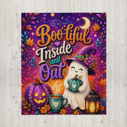 Boo-tiful Inside and Out Velveteen Blanket - Ghost with Floral Witch Hat and Heart Pumpkin