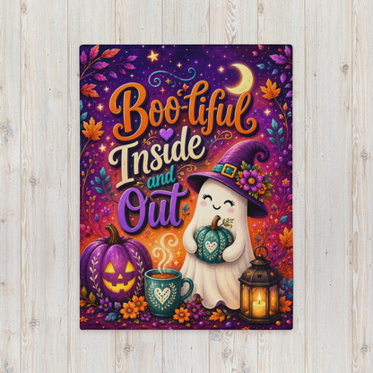 Boo-tiful Inside and Out Velveteen Blanket - Ghost with Floral Witch Hat and Heart Pumpkin