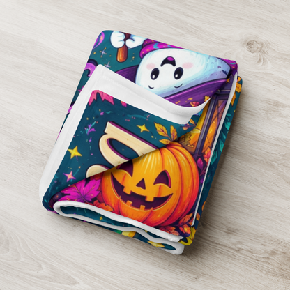 Brewing Better Days Velveteen Blanket - Ghost Witch Stirring Cauldron with Halloween Candles and Lantern