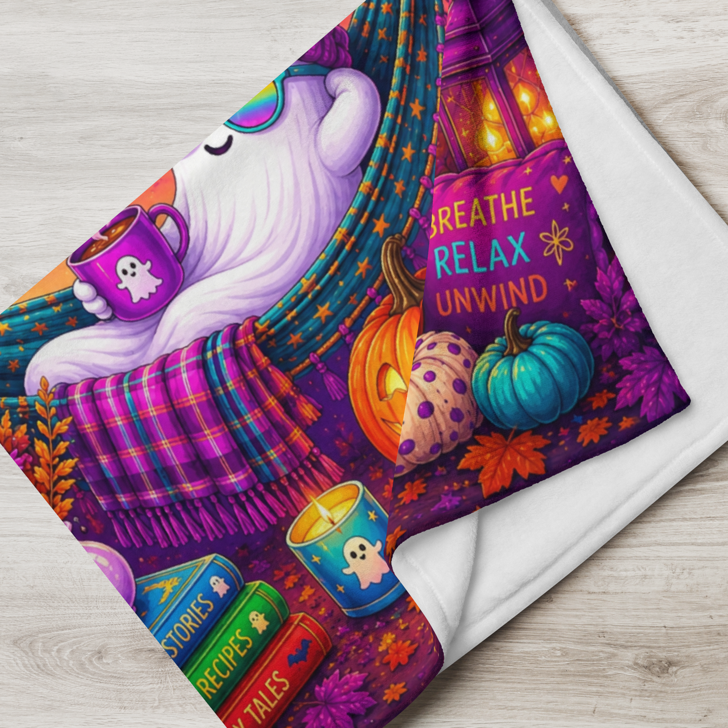 Ghosting My Worries Velveteen Blanket - Cozy Ghost in Hammock with Spooky Stories and Breathe Relax Unwind