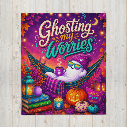 Ghosting My Worries Velveteen Blanket - Cozy Ghost in Hammock with Spooky Stories and Breathe Relax Unwind