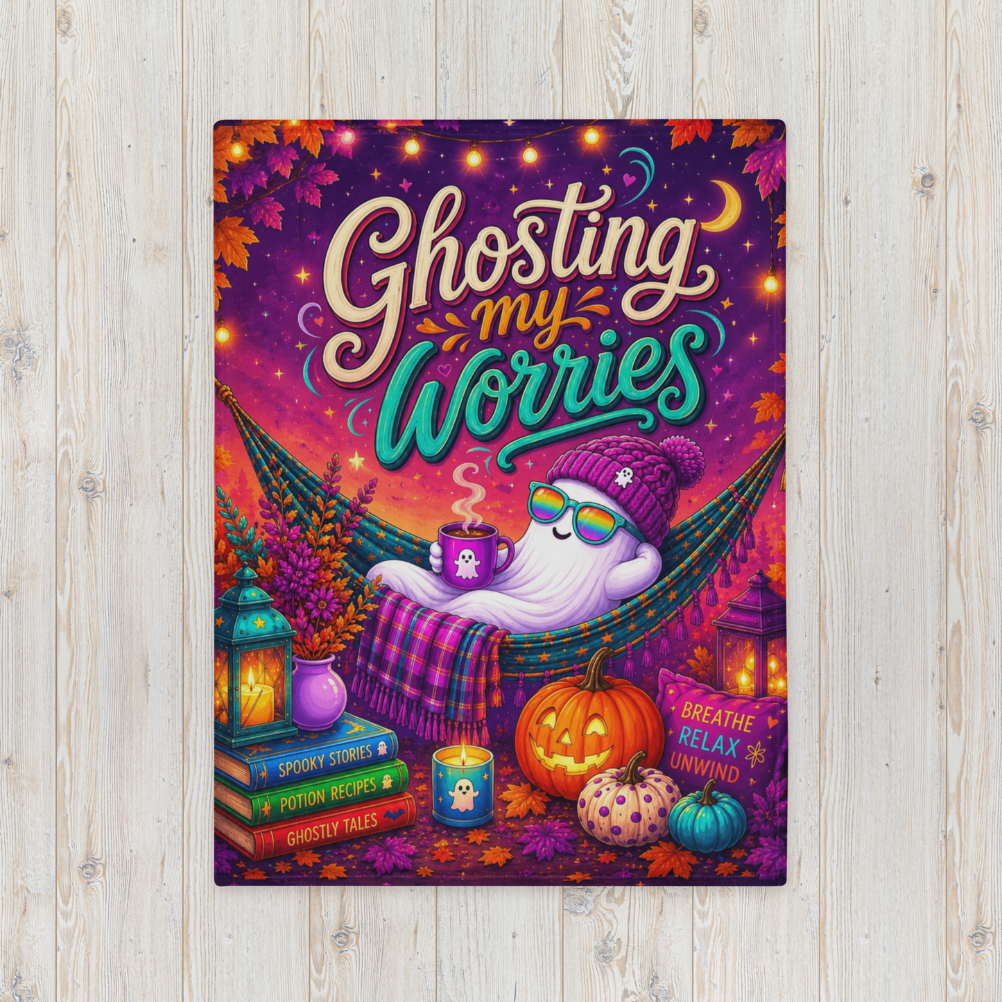 Ghosting My Worries Velveteen Blanket - Cozy Ghost in Hammock with Spooky Stories and Breathe Relax Unwind