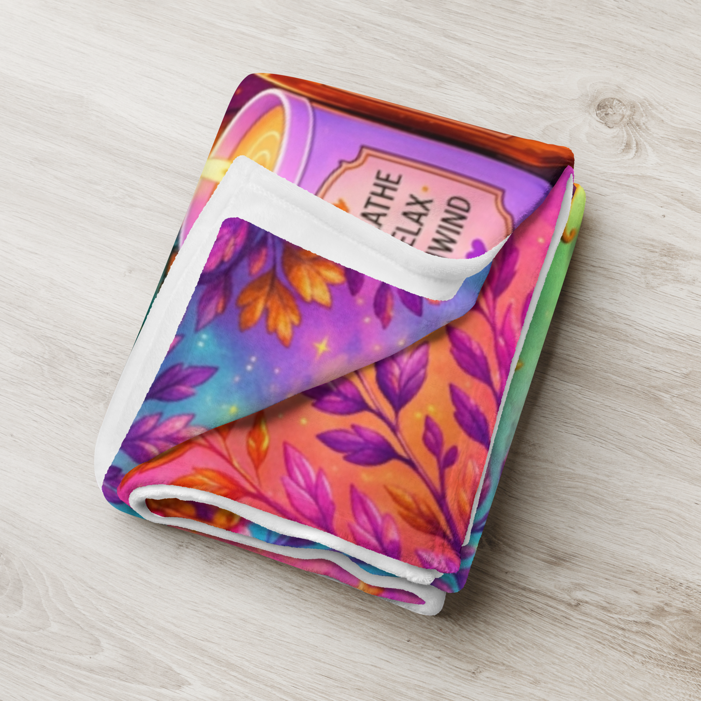 Batty About Self-Care Velveteen Blanket - Cozy Bat with Breathe Relax Unwind Candle and Rest Recharge Rise Books