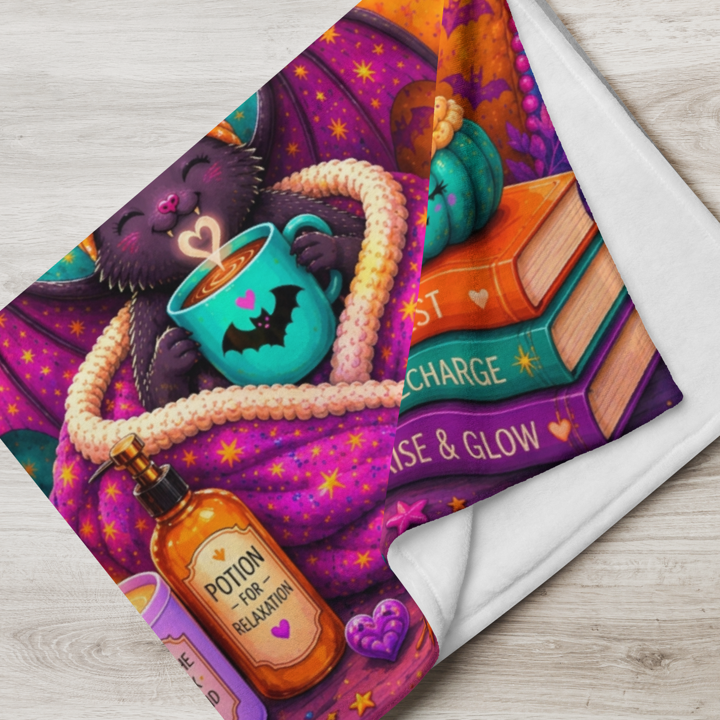 Batty About Self-Care Velveteen Blanket - Cozy Bat with Breathe Relax Unwind Candle and Rest Recharge Rise Books