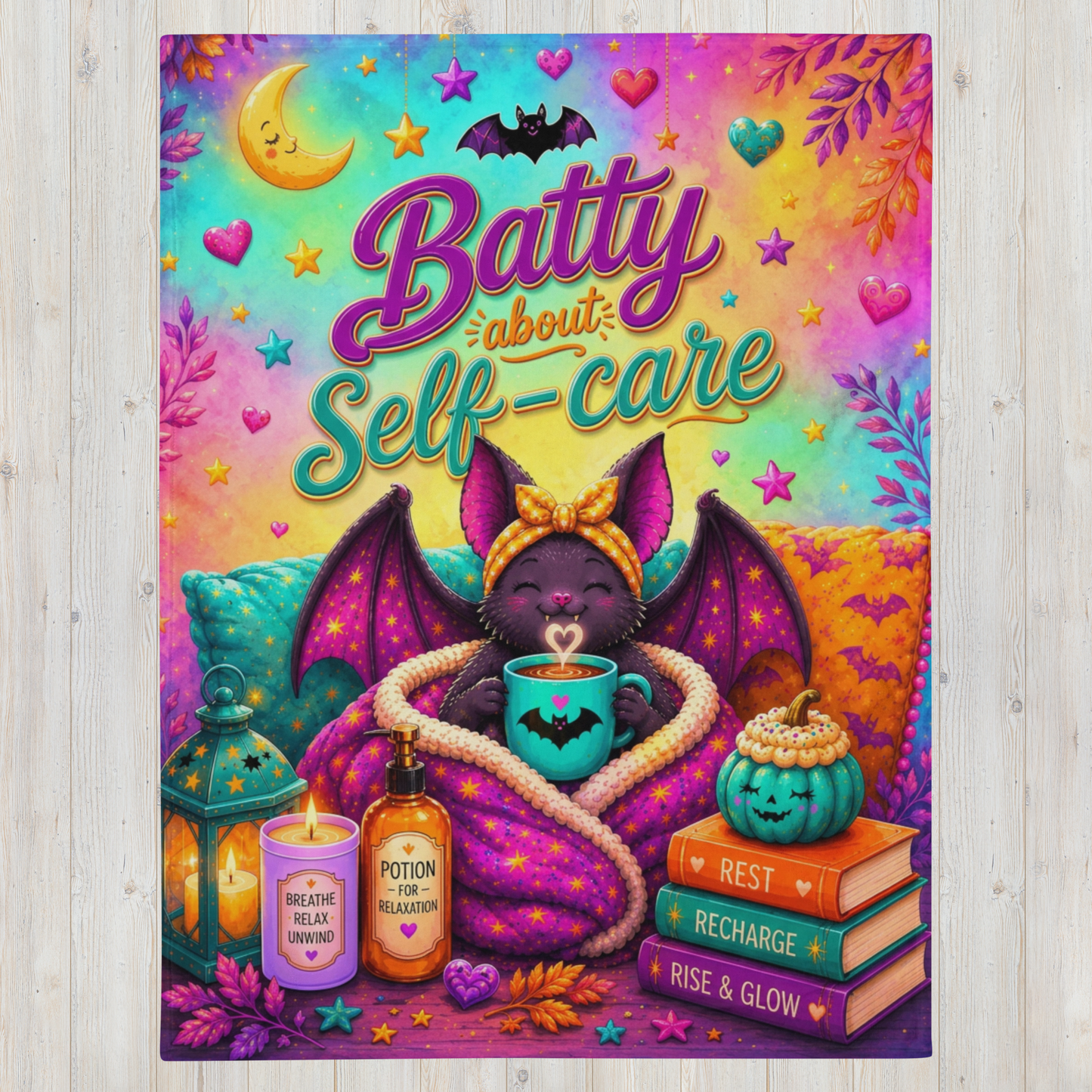 Batty About Self-Care Velveteen Blanket - Cozy Bat with Breathe Relax Unwind Candle and Rest Recharge Rise Books