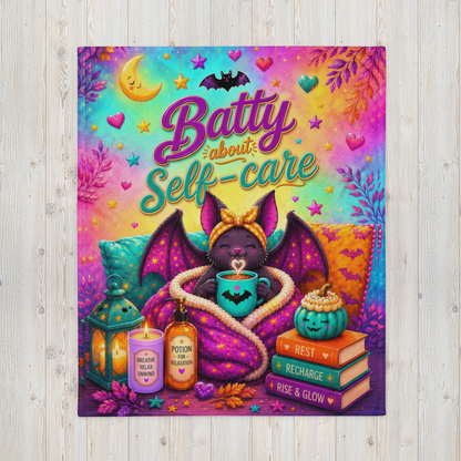 Batty About Self-Care Velveteen Blanket - Cozy Bat with Breathe Relax Unwind Candle and Rest Recharge Rise Books
