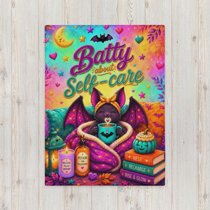 Batty About Self-Care Velveteen Blanket - Cozy Bat with Breathe Relax Unwind Candle and Rest Recharge Rise Books