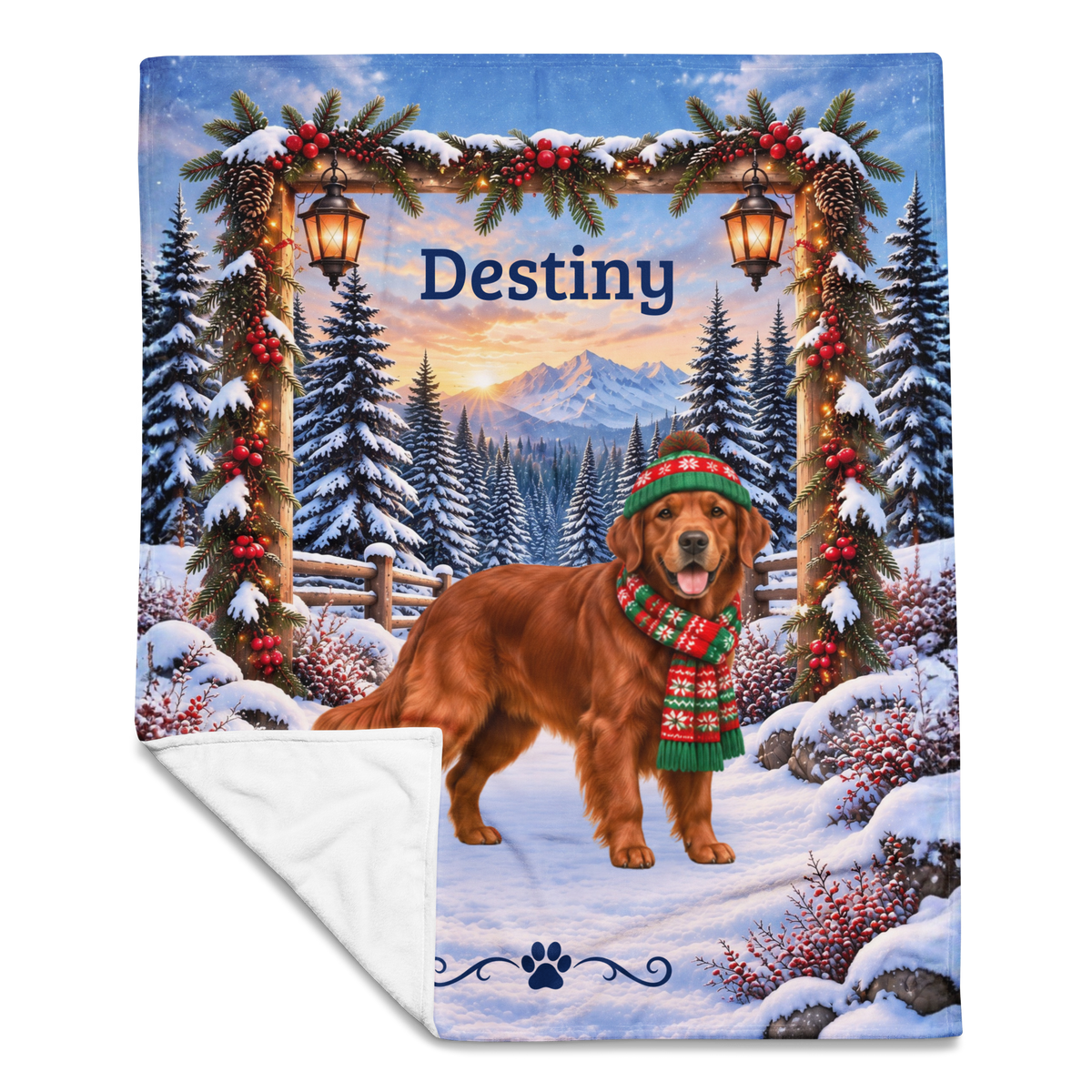 Golden Retriever (Red Coat) - Custom Name Winter Lodge Blanket, Personalized Field Golden Lover Gift