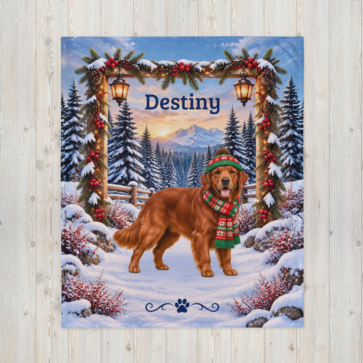 Golden Retriever (Red Coat) - Custom Name Winter Lodge Blanket, Personalized Field Golden Lover Gift