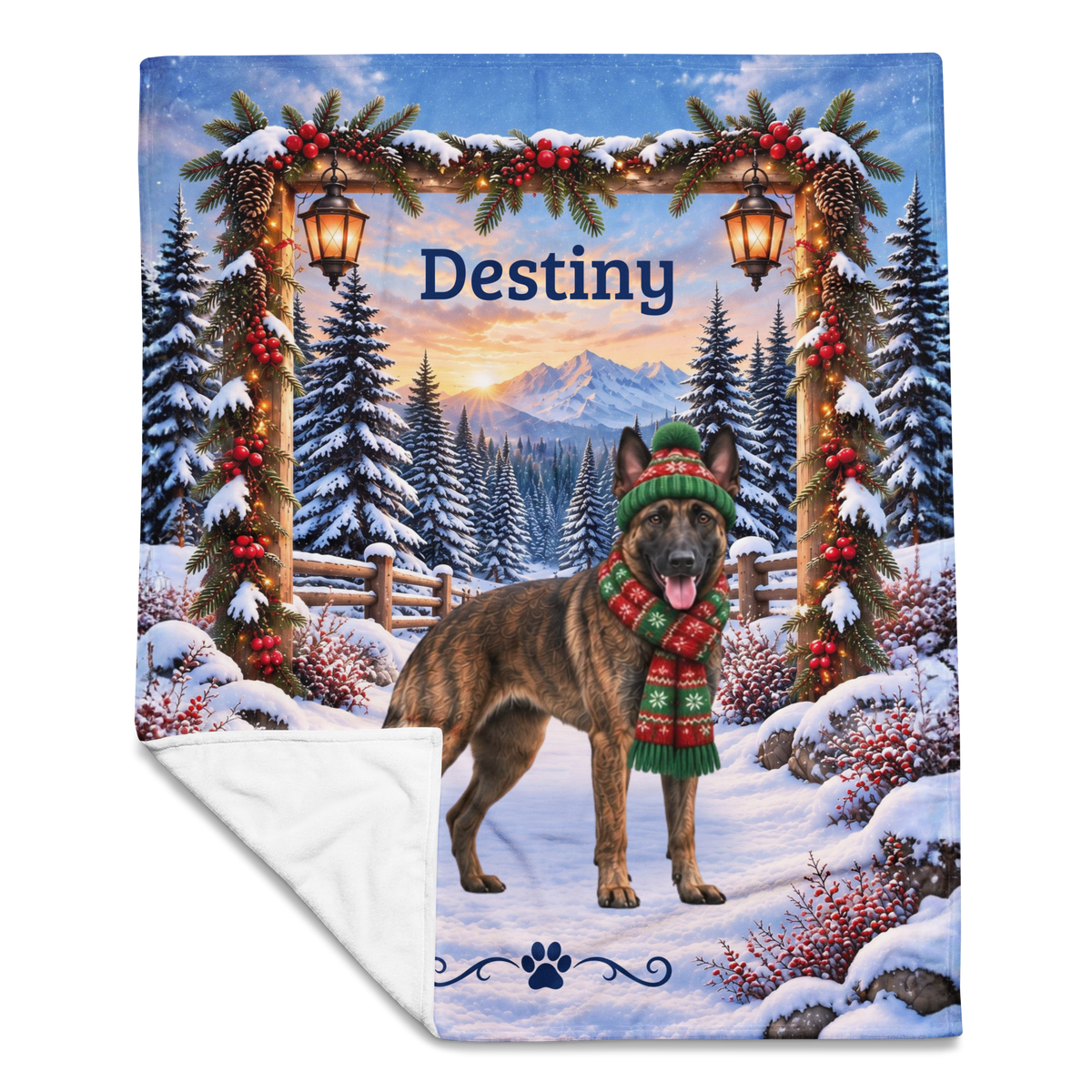 Belgian Malinois (Brindle Coat) - Personalized Dog Name Blanket, Woodland Winter Throw for Mali Fans