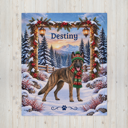 Belgian Malinois (Brindle Coat) - Personalized Dog Name Blanket, Woodland Winter Throw for Mali Fans