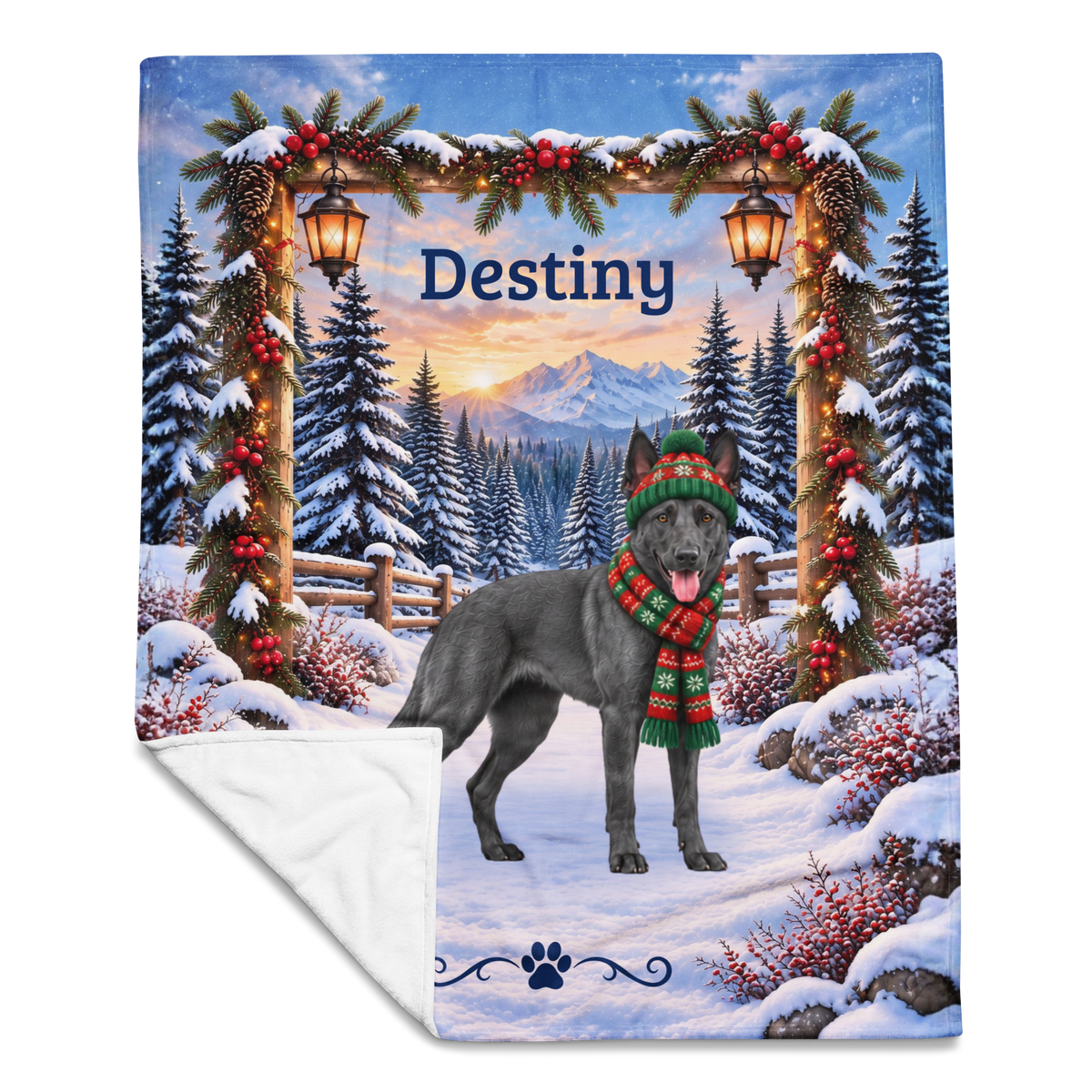 Belgian Malinois (Blue Slate Coat) - Custom Name Woodland Throw, Personalized Winter Dog Dad Blanket