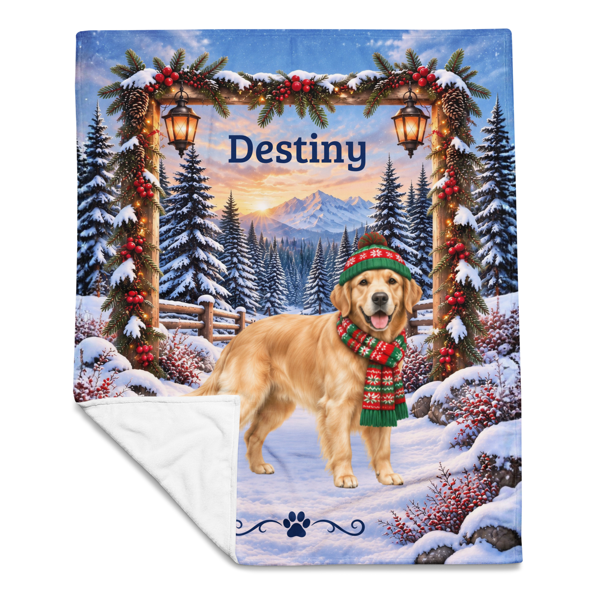 Golden Retriever (Light Golden Coat) - Personalized Snowy Cabin Throw, Custom Name Dog Dad Blanket