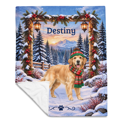 Golden Retriever (Light Golden Coat) - Personalized Snowy Cabin Throw, Custom Name Dog Dad Blanket